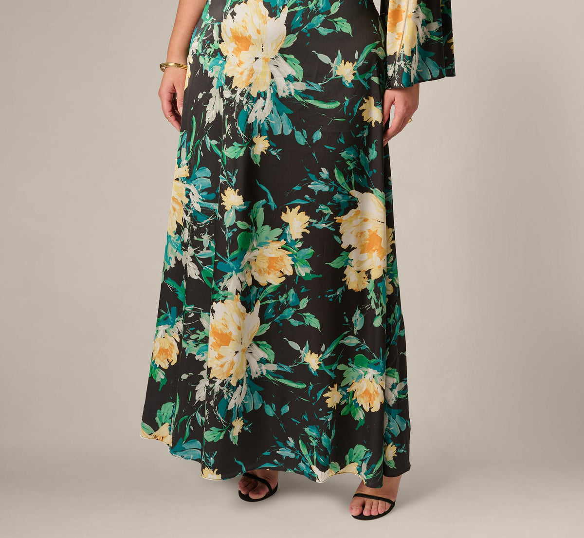 Plus Size One Shoulder Long Sleeve Floral Satin Gown - Black Multi | Adrianna Papell