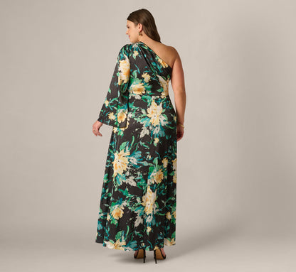 Plus Size One Shoulder Long Sleeve Floral Satin Gown - Black Multi | Adrianna Papell