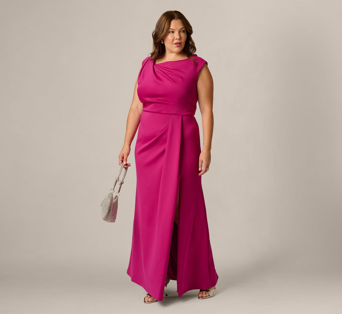 Plus Size Asymmetrical Extended Shoulder Mermaid Gown - Hot Orchid | Adrianna Papell