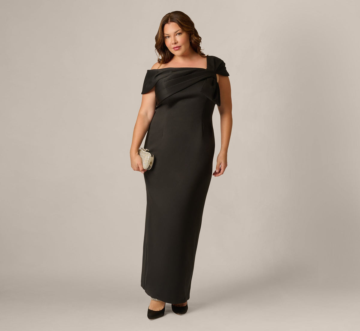 Plus Size Origami Bow Shoulder Stretch Column Gown - Black | Adrianna Papell