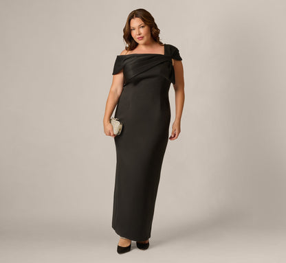 Plus Size Origami Bow Shoulder Stretch Column Gown - Black | Adrianna Papell