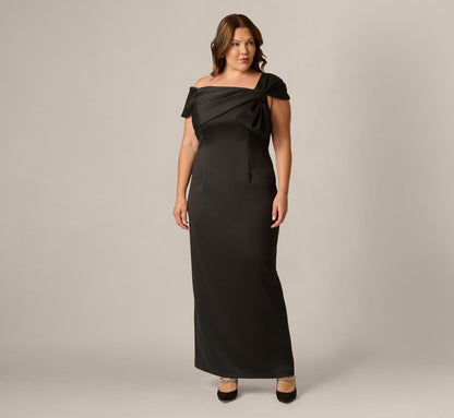 Plus Size Origami Bow Shoulder Stretch Column Gown - Black | Adrianna Papell