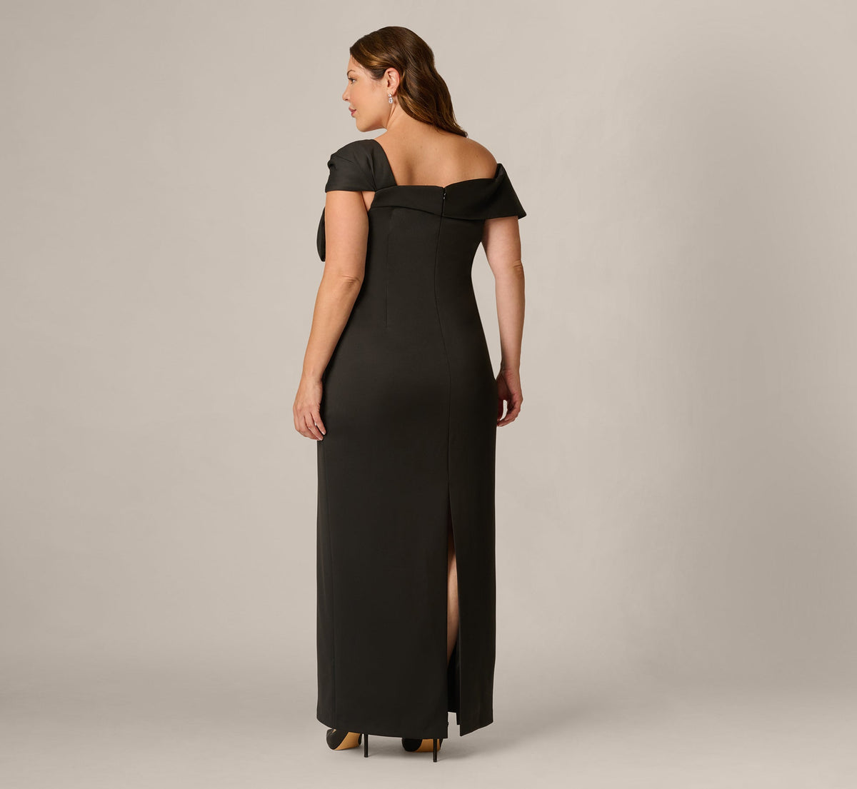 Plus Size Origami Bow Shoulder Stretch Column Gown - Black | Adrianna Papell