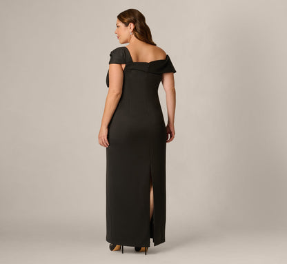 Plus Size Origami Bow Shoulder Stretch Column Gown - Black | Adrianna Papell