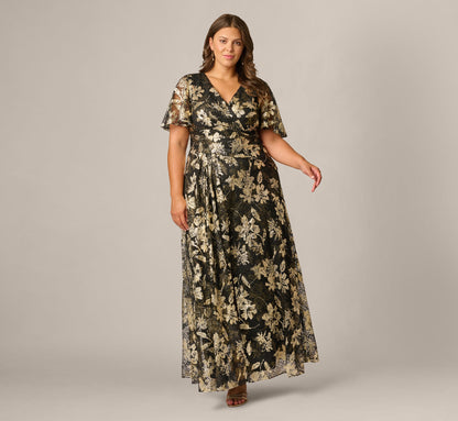Plus Size Short Sleeve Metallic Floral Stretch Lace Draped Gown - Black Gold | Adrianna Papell