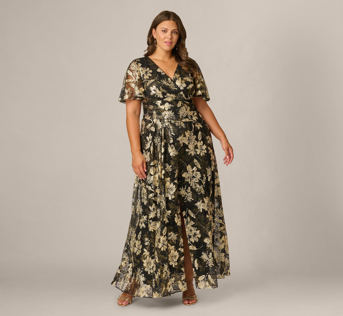 Plus Size Short Sleeve Metallic Floral Stretch Lace Draped Gown - Black Gold | Adrianna Papell