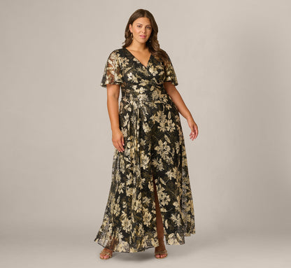 Plus Size Short Sleeve Metallic Floral Stretch Lace Draped Gown - Black Gold | Adrianna Papell