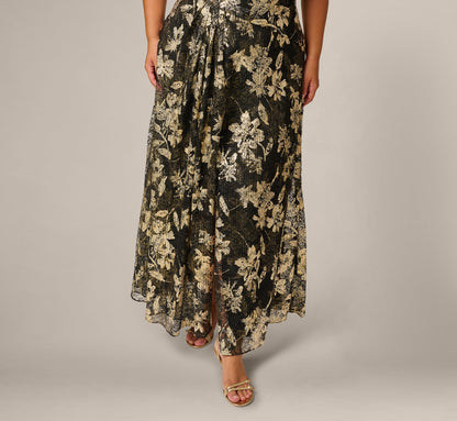 Plus Size Short Sleeve Metallic Floral Stretch Lace Draped Gown - Black Gold | Adrianna Papell