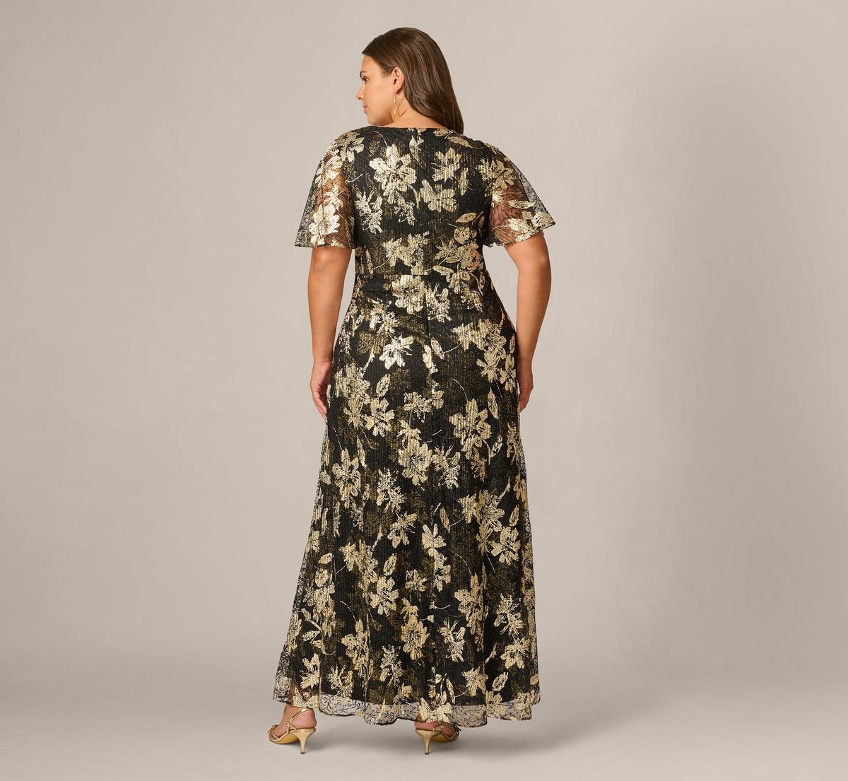 Plus Size Short Sleeve Metallic Floral Stretch Lace Draped Gown - Black Gold | Adrianna Papell