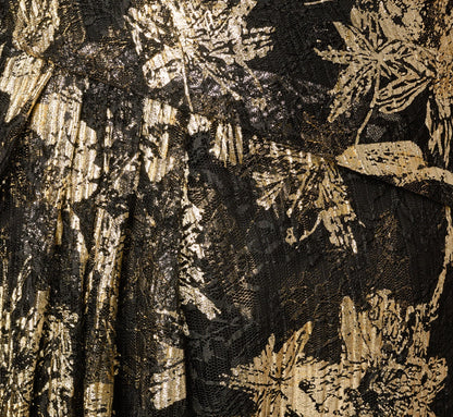 Plus Size Short Sleeve Metallic Floral Stretch Lace Draped Gown - Black Gold | Adrianna Papell