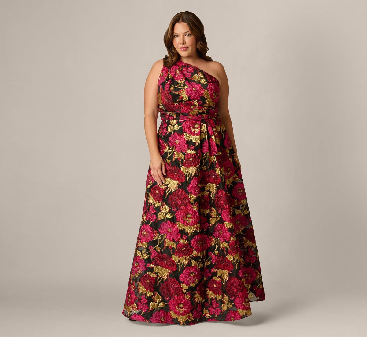 Plus Size One Shoulder Metallic Floral Jacquard Gown - Black Pink Multi | Adrianna Papell