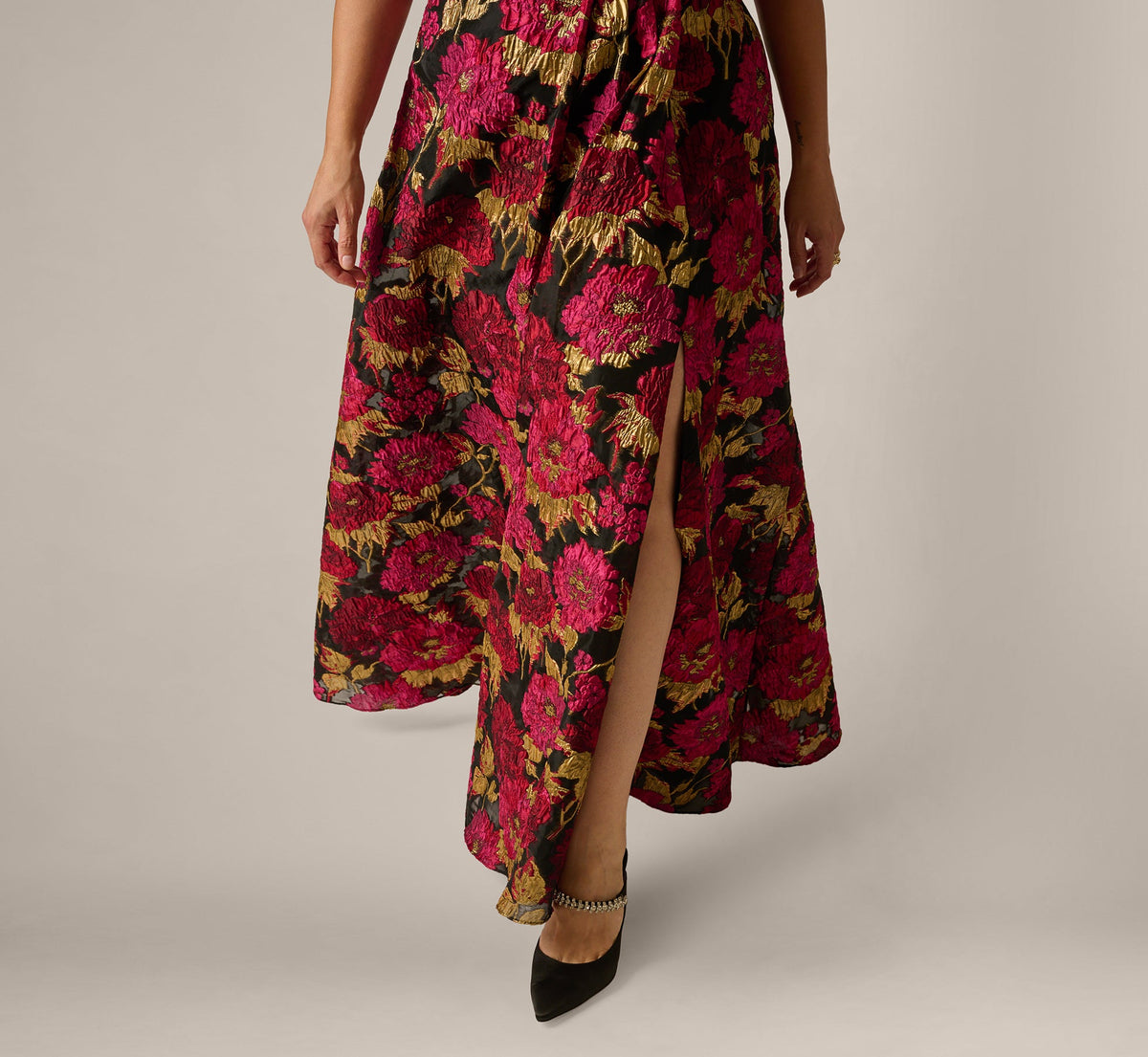 Plus Size One Shoulder Metallic Floral Jacquard Gown - Black Pink Multi | Adrianna Papell