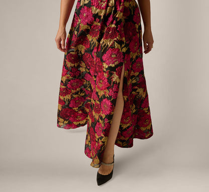 Plus Size One Shoulder Metallic Floral Jacquard Gown - Black Pink Multi | Adrianna Papell
