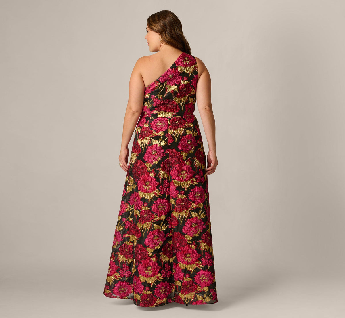 Plus Size One Shoulder Metallic Floral Jacquard Gown - Black Pink Multi | Adrianna Papell