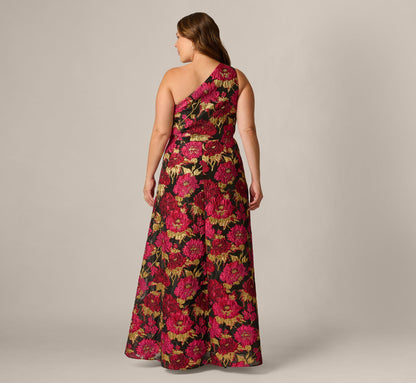 Plus Size One Shoulder Metallic Floral Jacquard Gown - Black Pink Multi | Adrianna Papell
