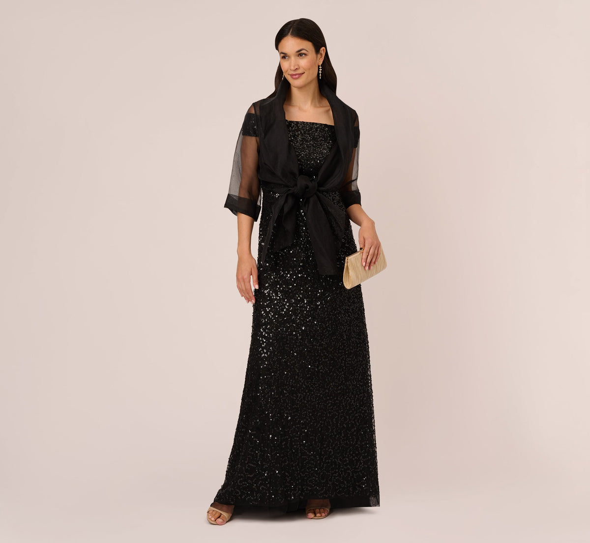 Organza Wrap Jacket With Short Sleeves - Black | Adrianna Papell