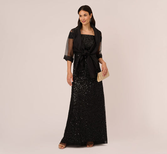 Organza Wrap Jacket With Short Sleeves - Black | Adrianna Papell