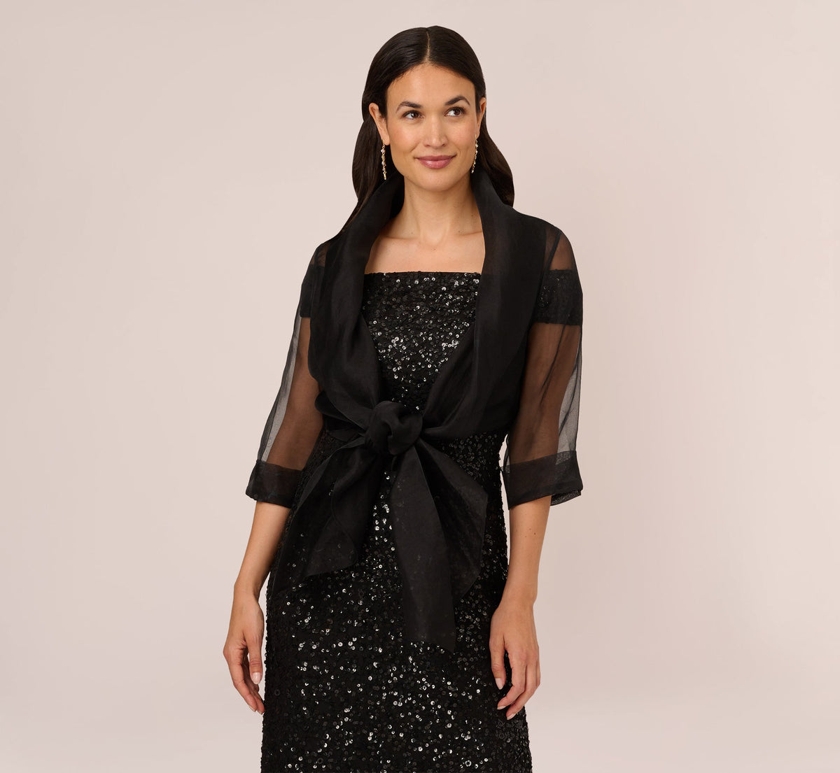 Organza Wrap Jacket With Short Sleeves - Black | Adrianna Papell