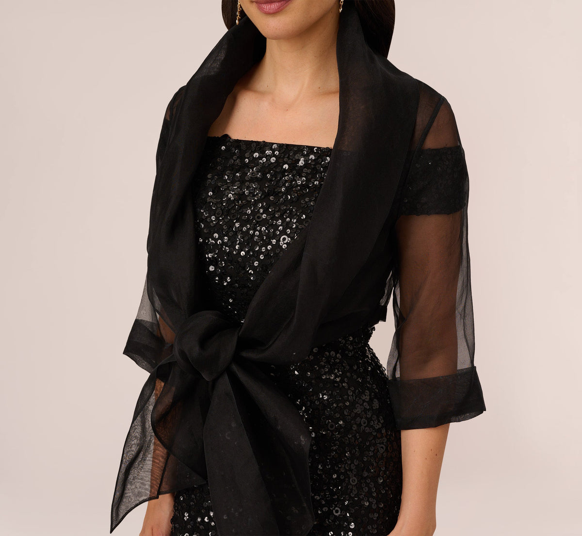 Organza Wrap Jacket With Short Sleeves - Black | Adrianna Papell