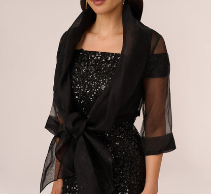 Organza Wrap Jacket With Short Sleeves - Black | Adrianna Papell