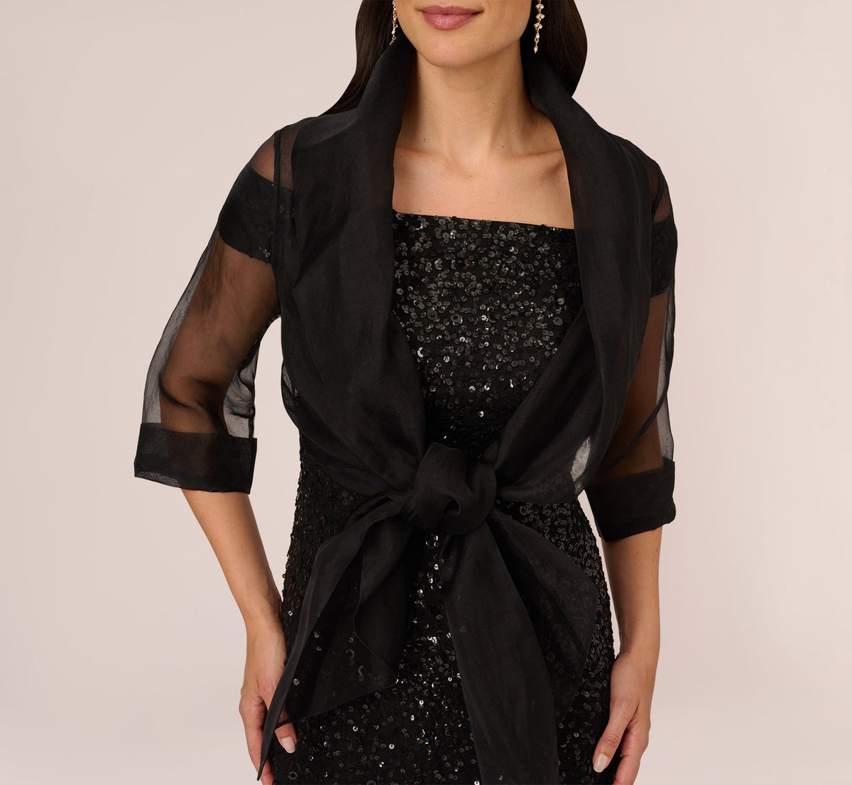 Organza Wrap Jacket With Short Sleeves - Black | Adrianna Papell