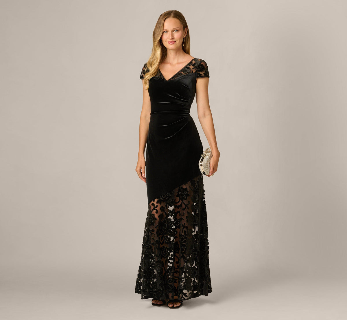 Cap Sleeve Floral Burnout Stretch Velvet Illusion Gown - Black | Adrianna Papell