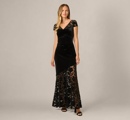 Cap Sleeve Floral Burnout Stretch Velvet Illusion Gown - Black | Adrianna Papell