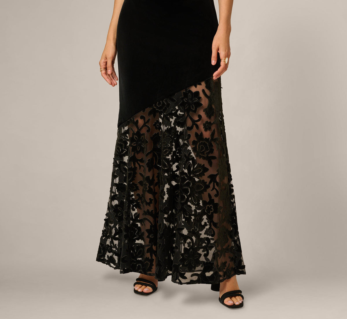 Cap Sleeve Floral Burnout Stretch Velvet Illusion Gown - Black | Adrianna Papell