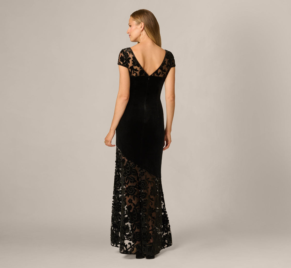 Cap Sleeve Floral Burnout Stretch Velvet Illusion Gown - Black | Adrianna Papell