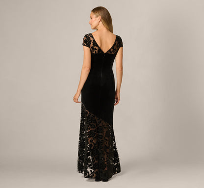 Cap Sleeve Floral Burnout Stretch Velvet Illusion Gown - Black | Adrianna Papell