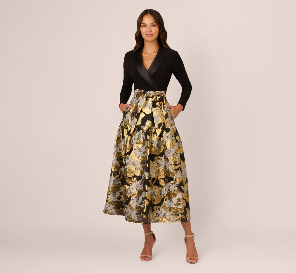 Combo Floral Jacquard Dress - Black Gold | Adrianna Papell