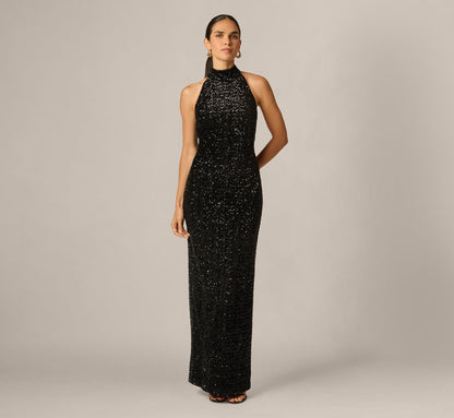 Sequin Velvet Open Back Halter Gown - Black | Adrianna Papell