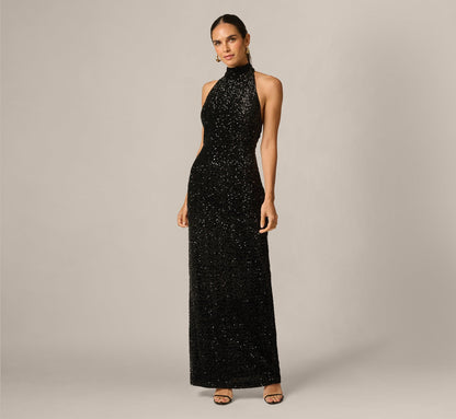Sequin Velvet Open Back Halter Gown - Black | Adrianna Papell