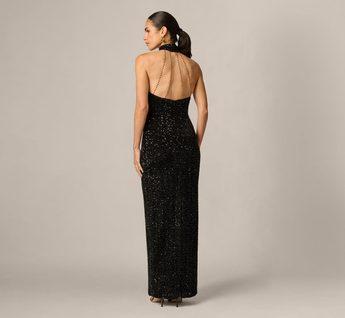 Sequin Velvet Open Back Halter Gown - Black | Adrianna Papell