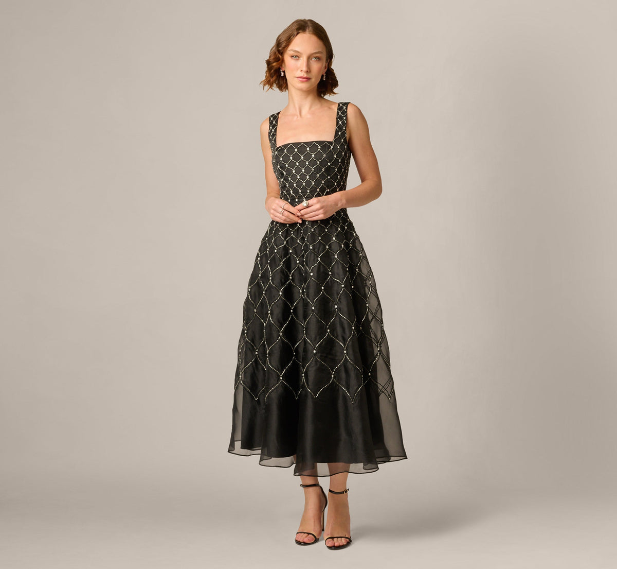 Square Neck Latice Beaded Ankle Length Dress - Black | Adrianna Papell