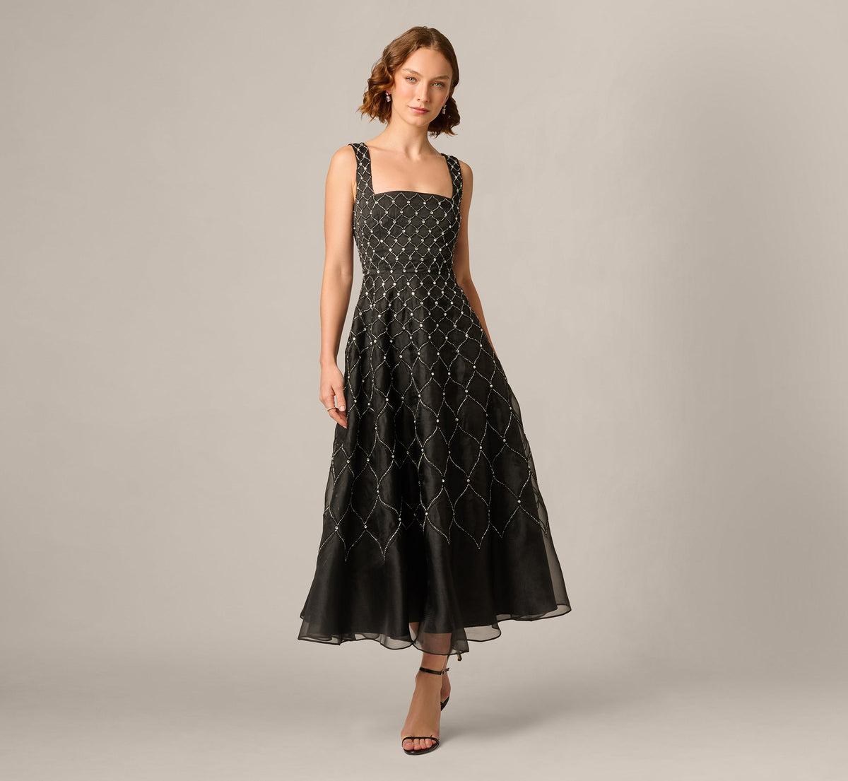 Square Neck Latice Beaded Ankle Length Dress - Black | Adrianna Papell