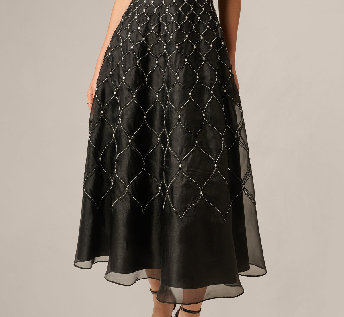 Square Neck Latice Beaded Ankle Length Dress - Black | Adrianna Papell