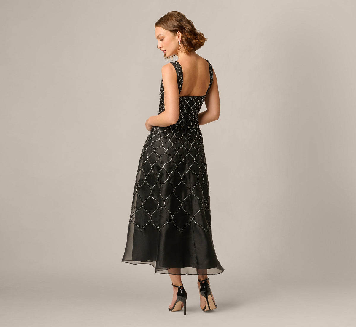 Square Neck Latice Beaded Ankle Length Dress - Black | Adrianna Papell