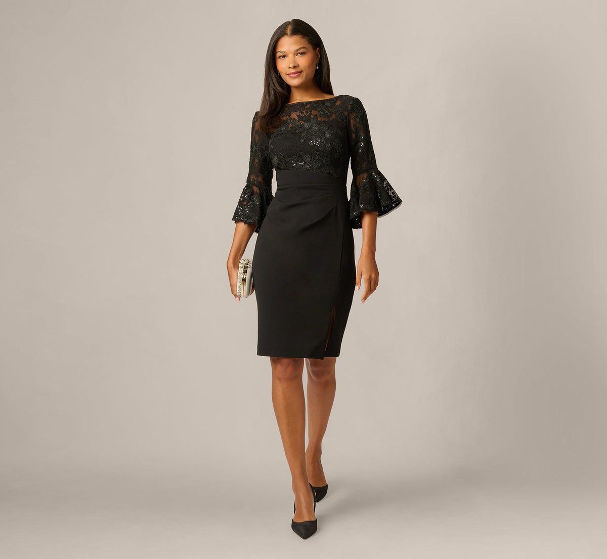 Sequin Floral Lace Dress With Sheer Bell Sleeves - Black | Adrianna Papell