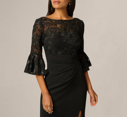 Sequin Floral Lace Dress With Sheer Bell Sleeves - Black | Adrianna Papell