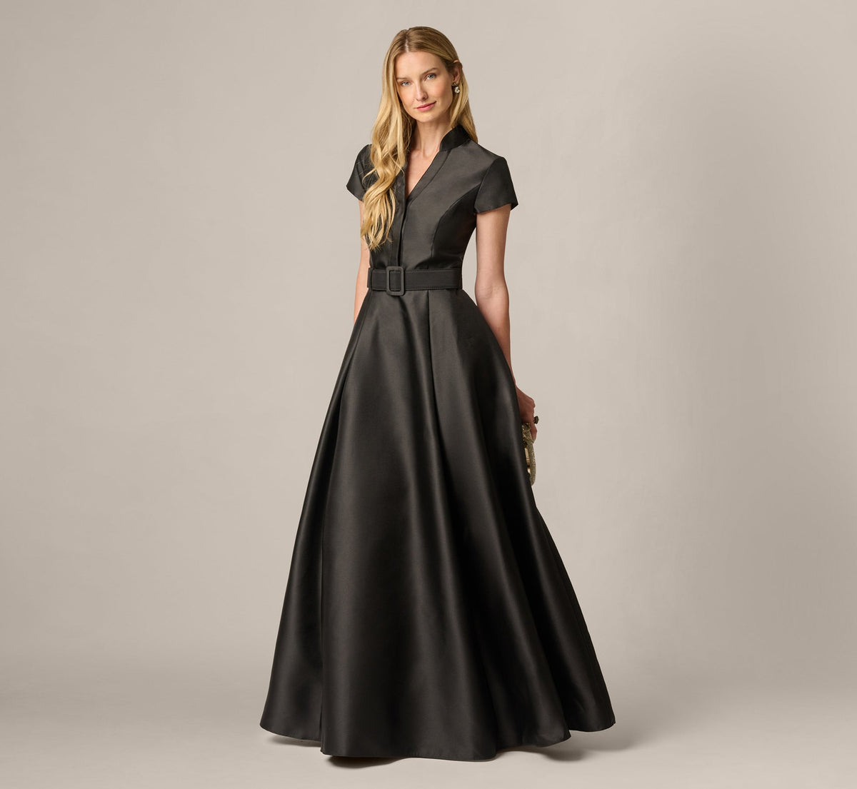 Cap Sleeve Belted Mikado Ballgown - Black | Adrianna Papell