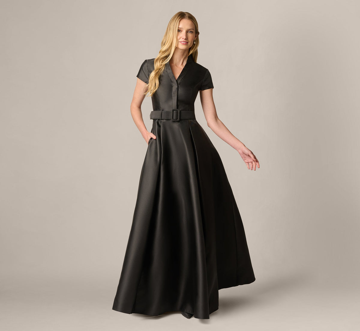Cap Sleeve Belted Mikado Ballgown - Black | Adrianna Papell
