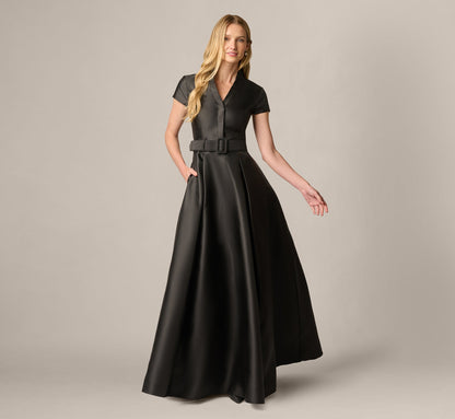 Cap Sleeve Belted Mikado Ballgown - Black | Adrianna Papell
