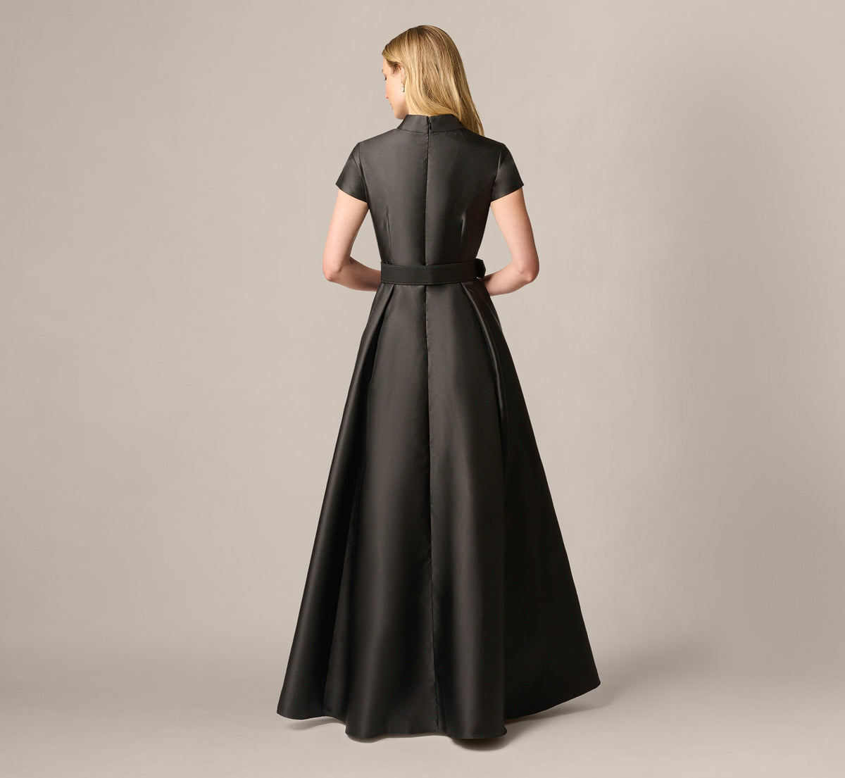 Cap Sleeve Belted Mikado Ballgown - Black | Adrianna Papell
