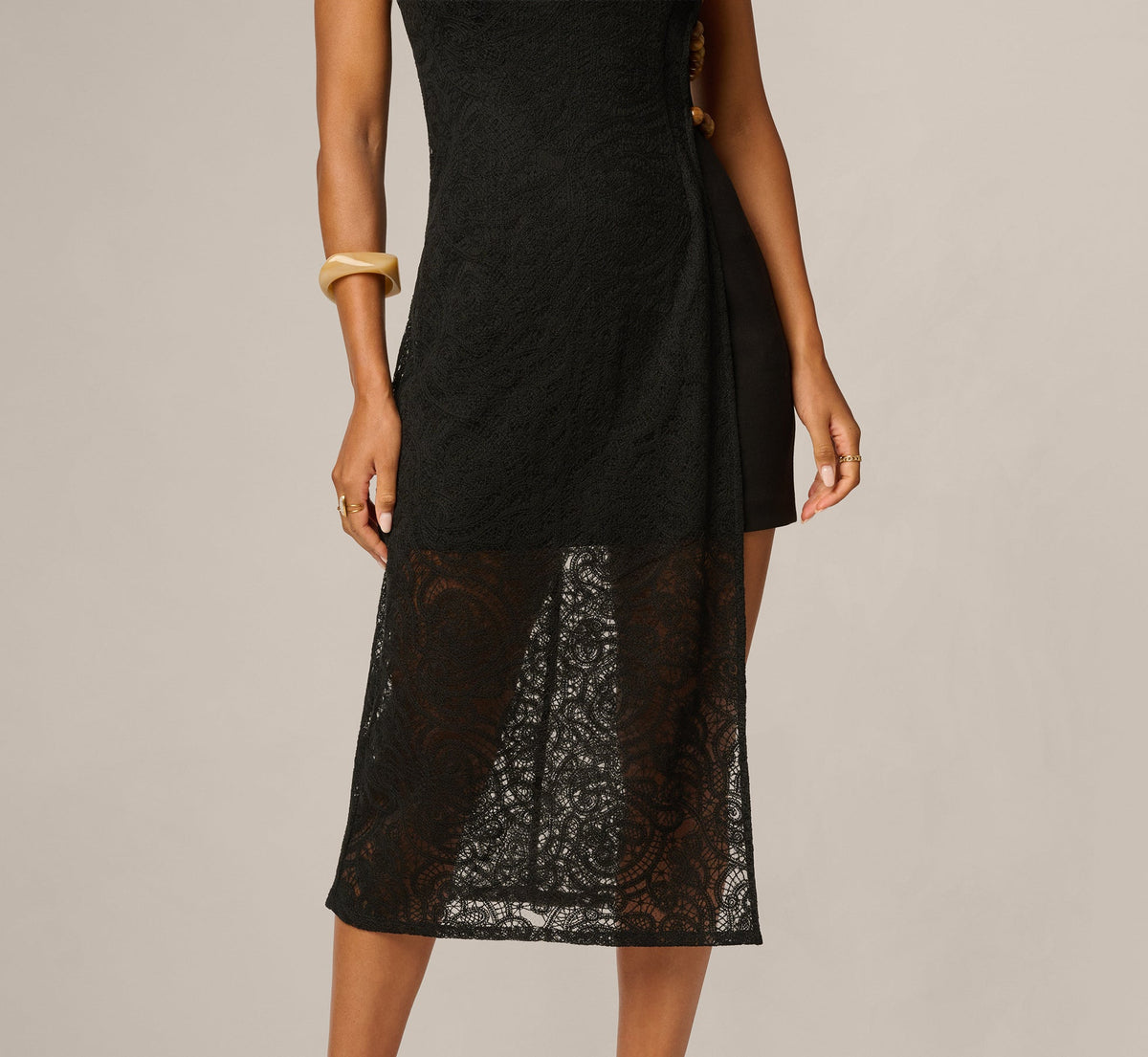 Lace Illusion Asymmetrical Wooden Bead Midi Dress - Black | Adrianna Papell
