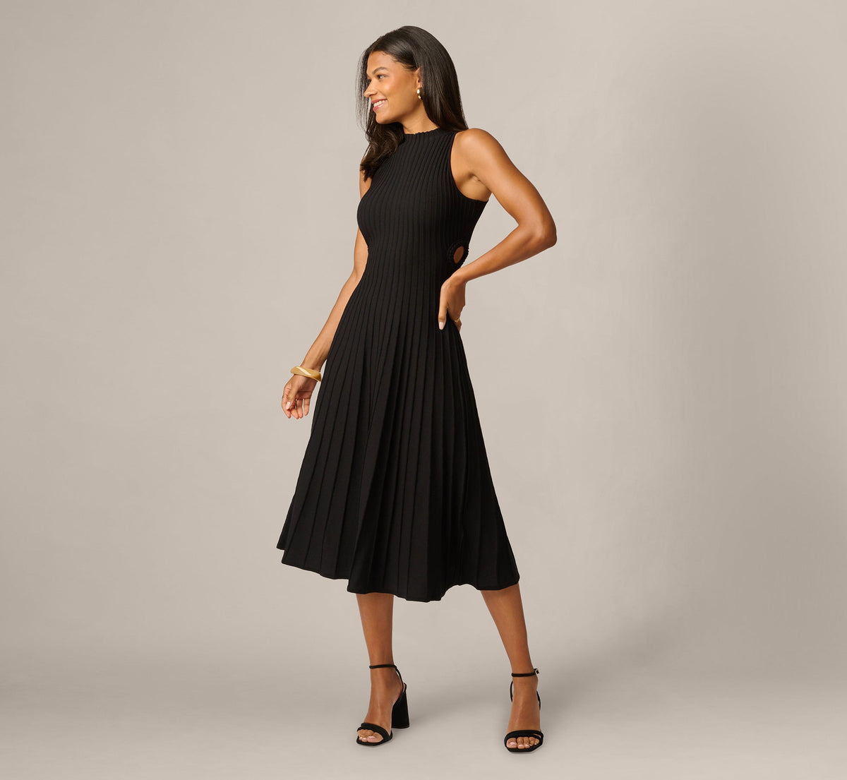 Rib Knit Cutout A Line Midi Dress - Black | Adrianna Papell