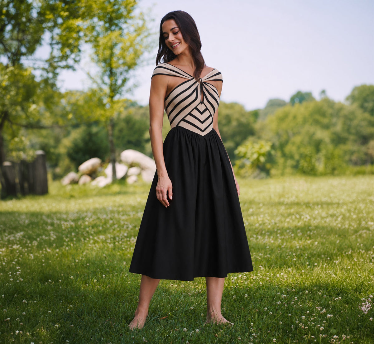 Off Shoulder Chevron Cotton Combo Midi Dress - Black Ecru | Adrianna Papell