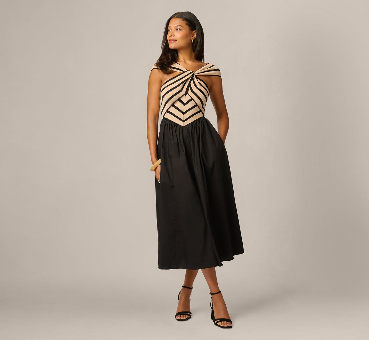 Off Shoulder Chevron Cotton Combo Midi Dress - Black Ecru | Adrianna Papell