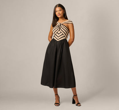 Off Shoulder Chevron Cotton Combo Midi Dress - Black Ecru | Adrianna Papell