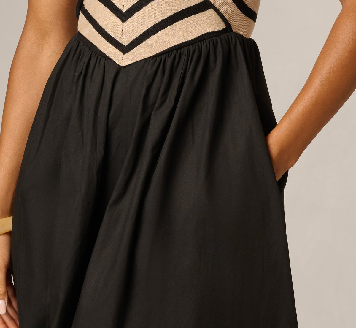Off Shoulder Chevron Cotton Combo Midi Dress - Black Ecru | Adrianna Papell